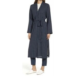 NWT Eileen Fisher Double Stripe Tencel Viscose Long Kimono Jacket Navy Blue S/P